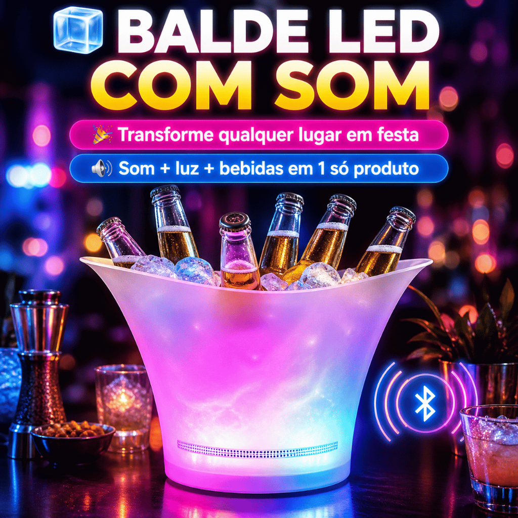 Balde LED com Som Bluetooth — Champanheira Iluminada RGB pra Festa