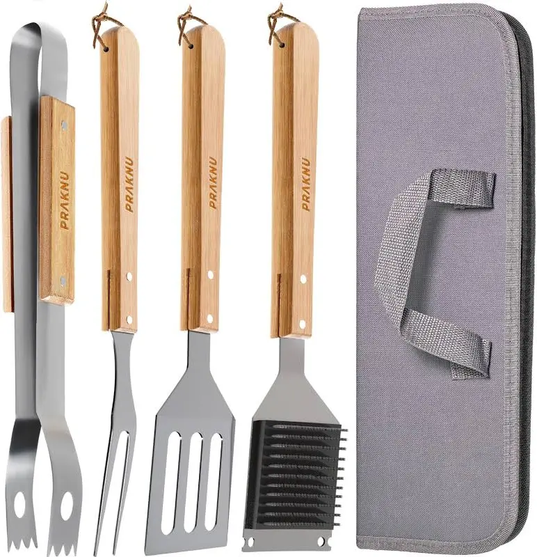 Kit Churrasco Completo Inox — Pegador, Garfo, Espátula e Escova com Estojo Premium