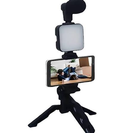 Kit Vlog Profissional — Tripé + Bastão + Luz LED + Microfone + Suporte Celular