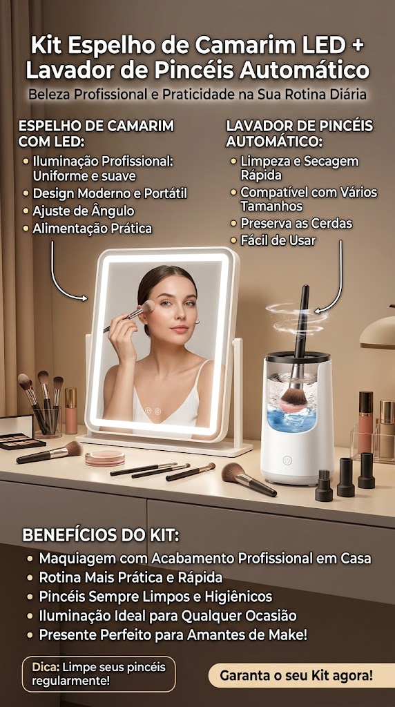 Kit Espelho Camarim LED + Lavador de Pincéis Automático — Beleza Profissional em Casa